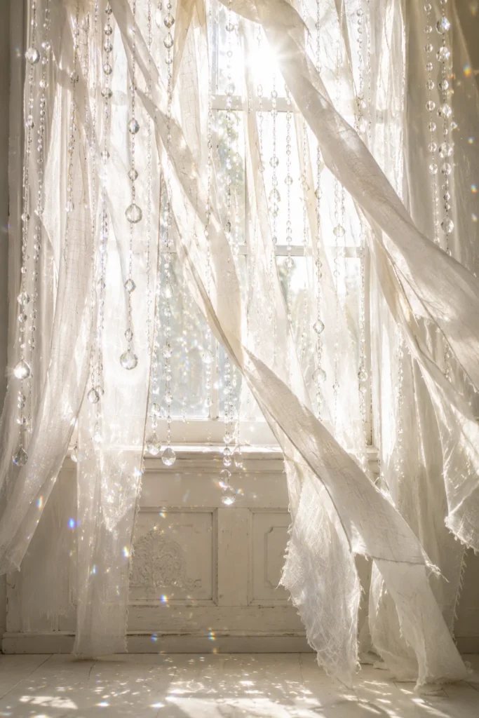 Sunlight streaming through sheer white linen strips and hanging crystal strands in front of a bright vintage window, casting rainbow reflections across the floor.