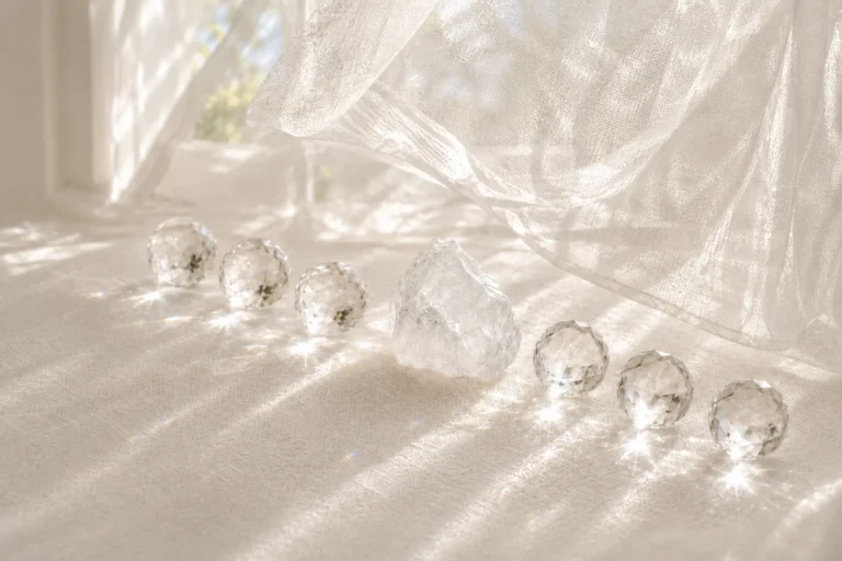 Row of clear cut crystals with one rough stone on white linen in soft sunlight.
