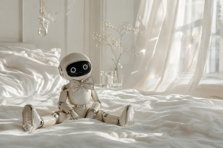 Cute white robot wearing a sparkling bow tie, sitting on an unmade white linen bed in bright window light.