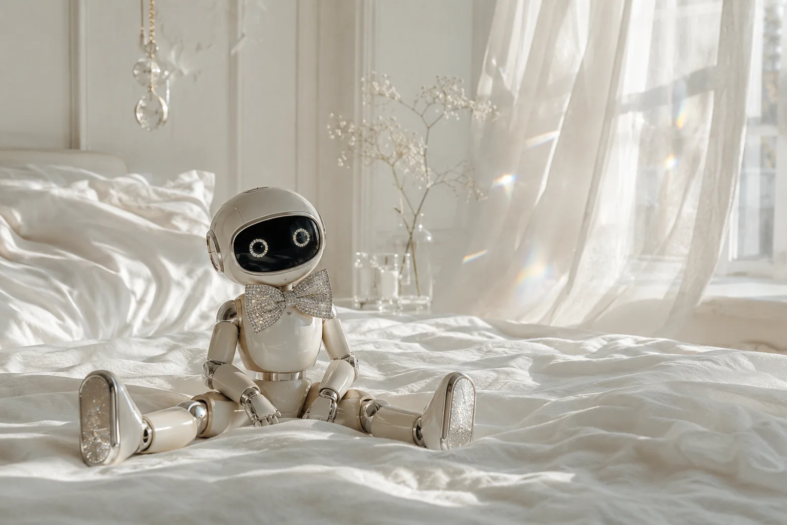Cute white robot wearing a sparkling bow tie, sitting on an unmade white linen bed in bright window light.