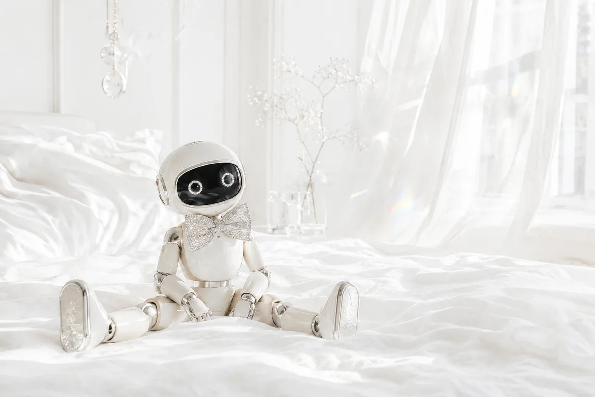 Small white robot wearing a crystal bow tie, sitting on a bright white bed in a sunlit room.