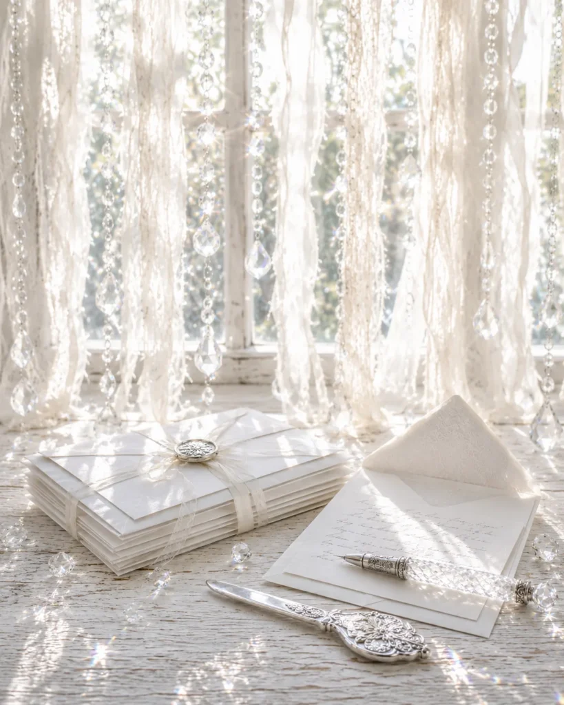 A stack of white vintage envelopes beside an open letter, an ornate silver letter opener and crystal pen on a sunlit whitewashed table, with hanging crystal strands and sheer linen strips in the window behind.