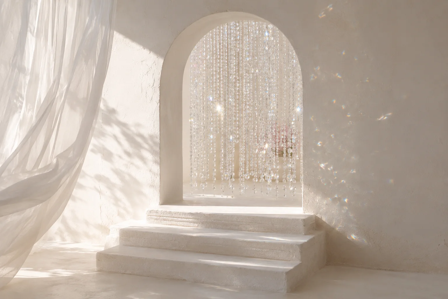 Three small whitewashed concrete steps lead through a sunlit archway hung with a sparkling crystal-beaded curtain.