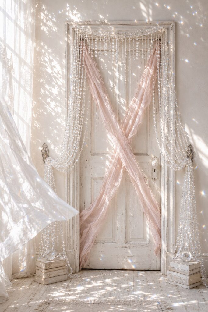 Old whitewashed door crossed with soft dusty-pink linen strips, framed by draped crystal-bead strands in a bright sunlit room.