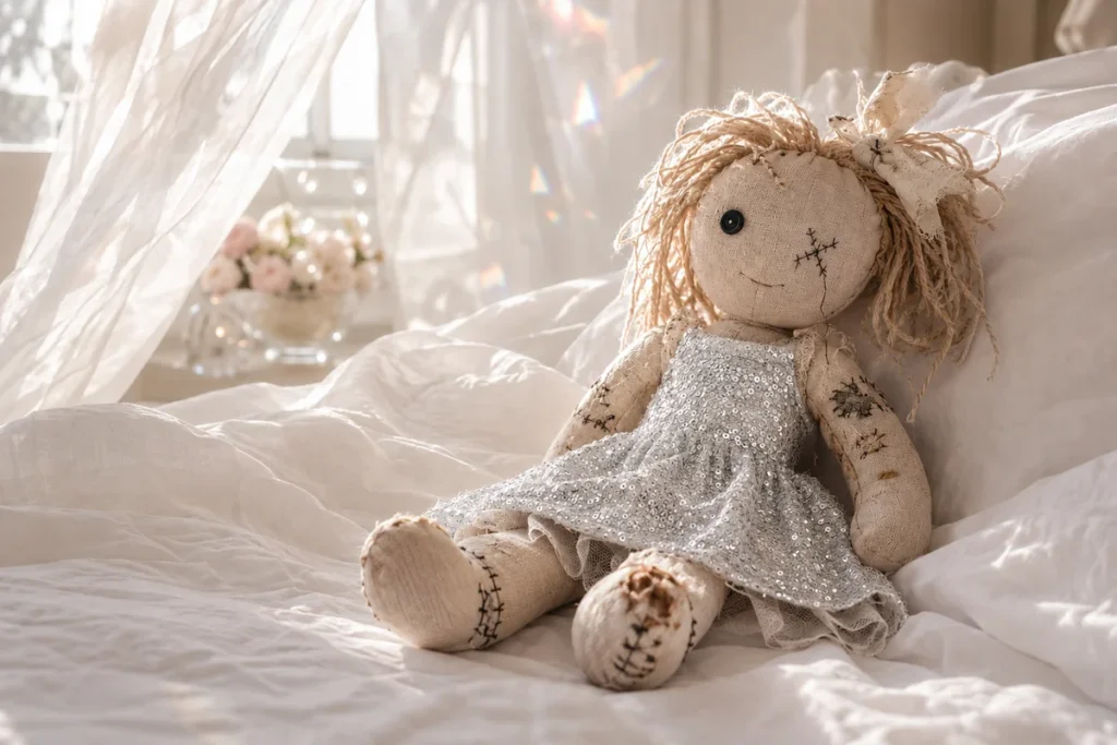 Worn handmade rag doll in a sparkling silver dress sitting on a sunlit white bed