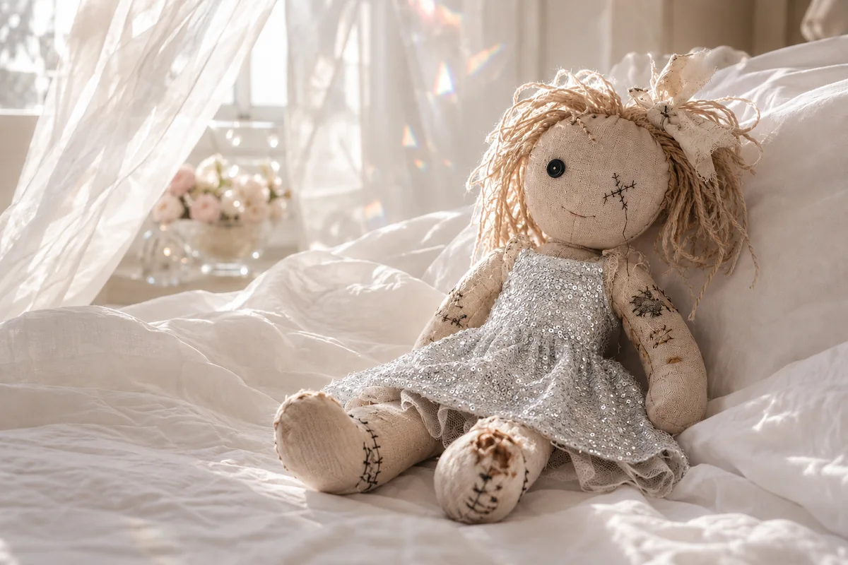 Worn handmade rag doll in a sparkling silver dress sitting on a sunlit white bed
