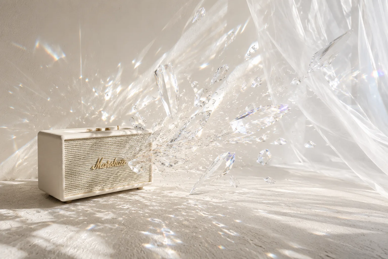 White vintage speaker blasting clear crystal and glass shards across a sunlit white room with billowing sheer curtains.