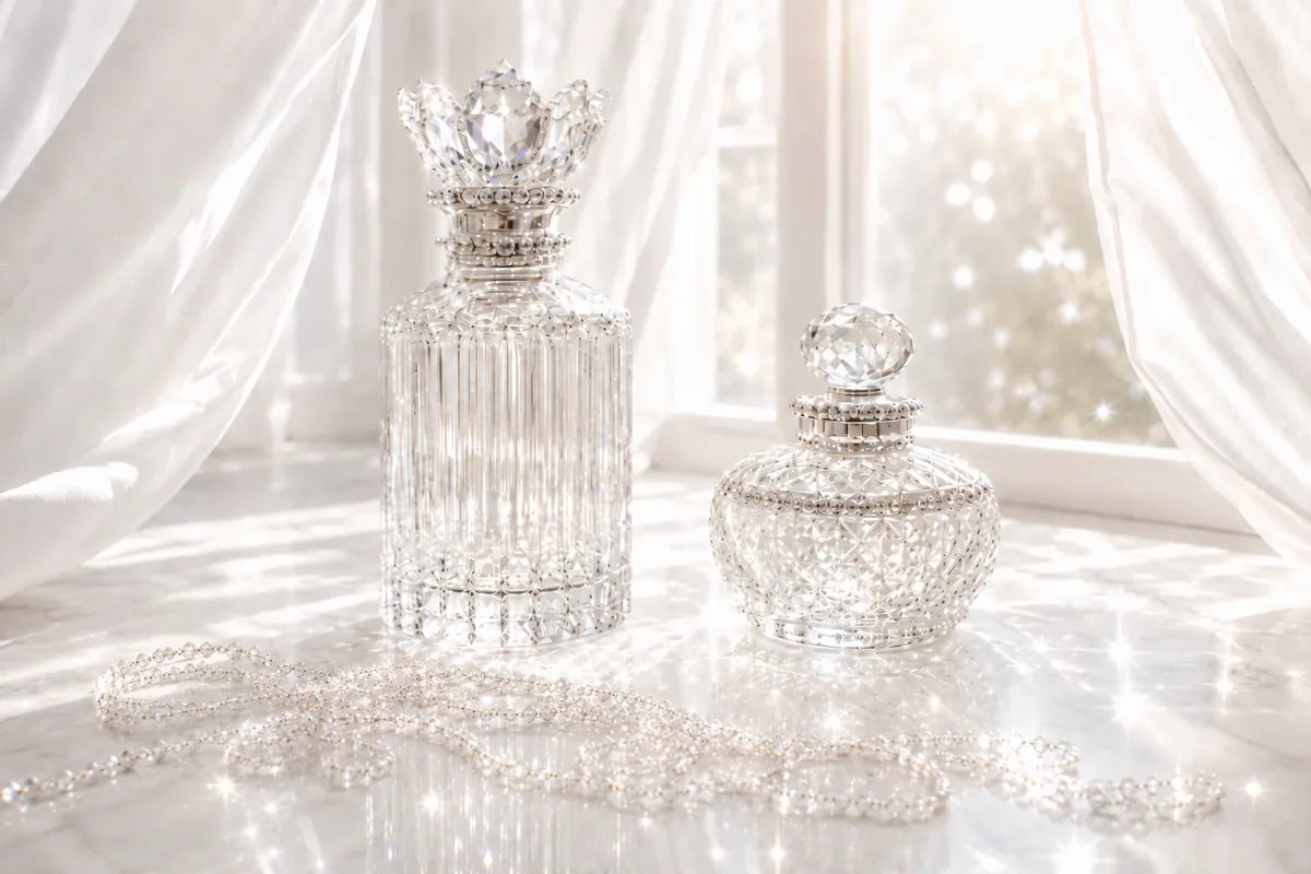 Two crystal perfume bottles, one tall and slender and one short and round, sparkling in sunlight beside white curtains.