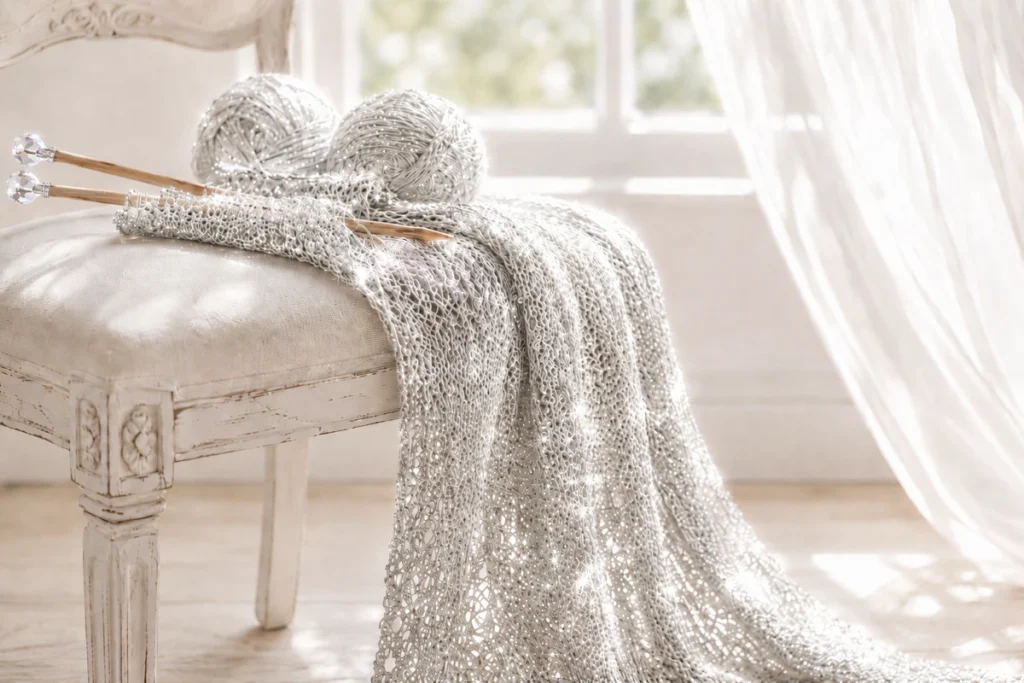 Silver knitting and wool draped over a vintage white chair beside a sunlit window with a blowing sheer curtain.
