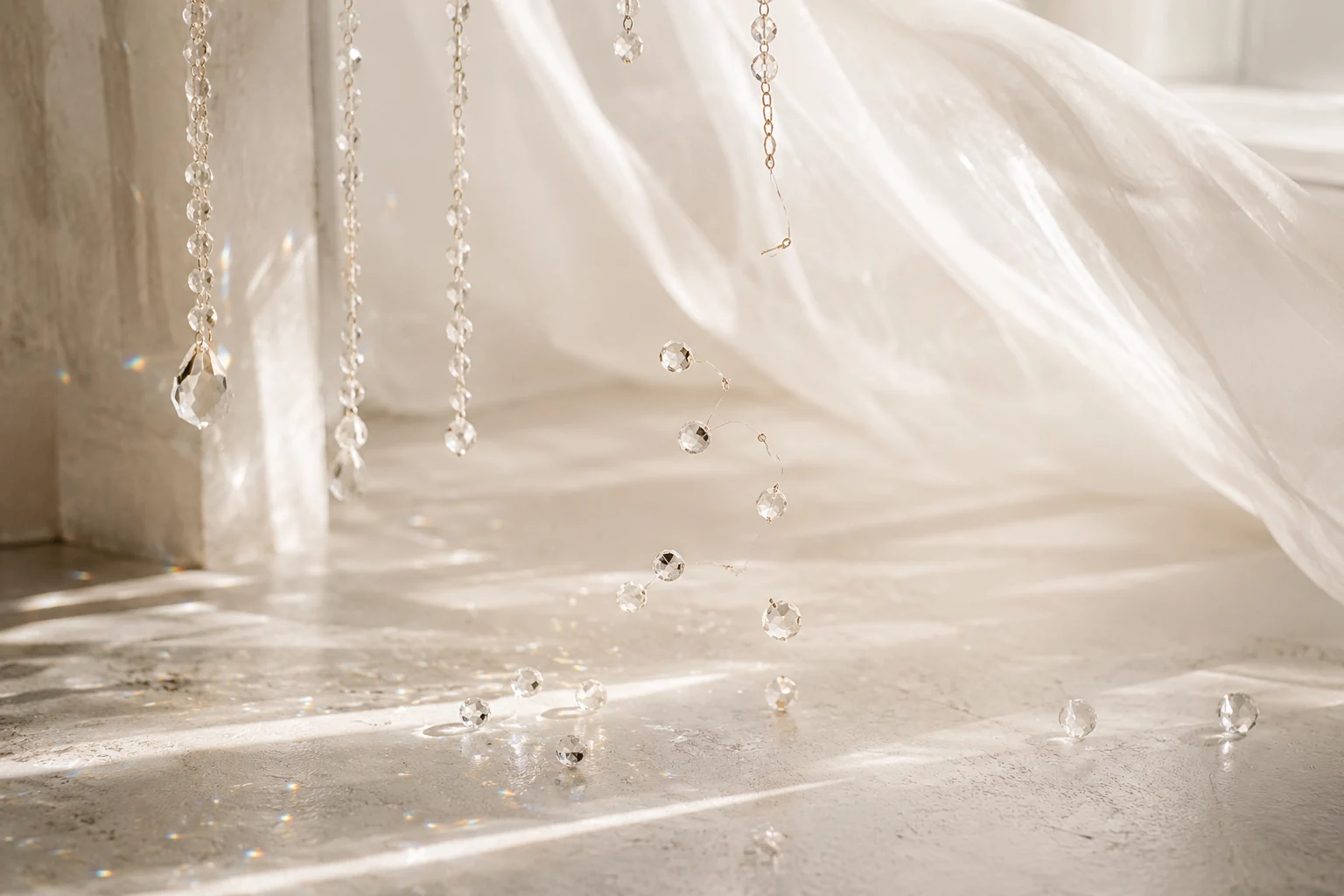 Broken strands of clear crystal beads falling and rolling across a sunlit whitewashed floor beside a billowing sheer curtain.