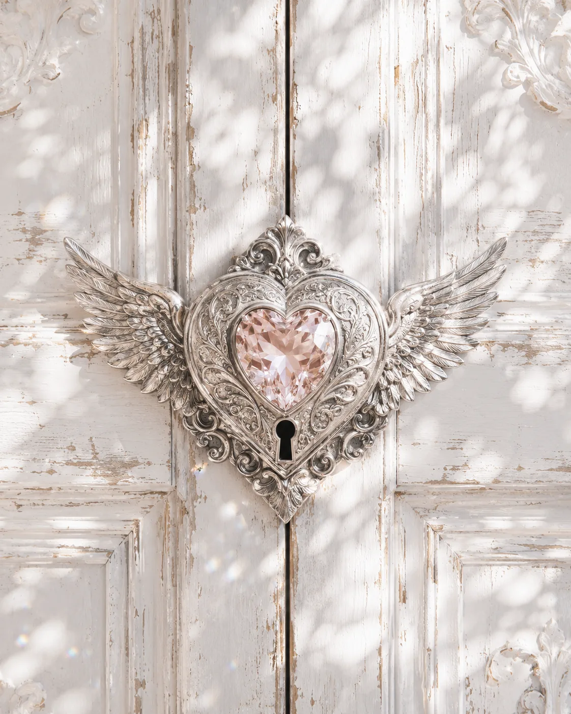 Ornate silver winged heart lock with a pale blush-pink gemstone securing a pair of distressed white vintage doors in dappled sunlight.