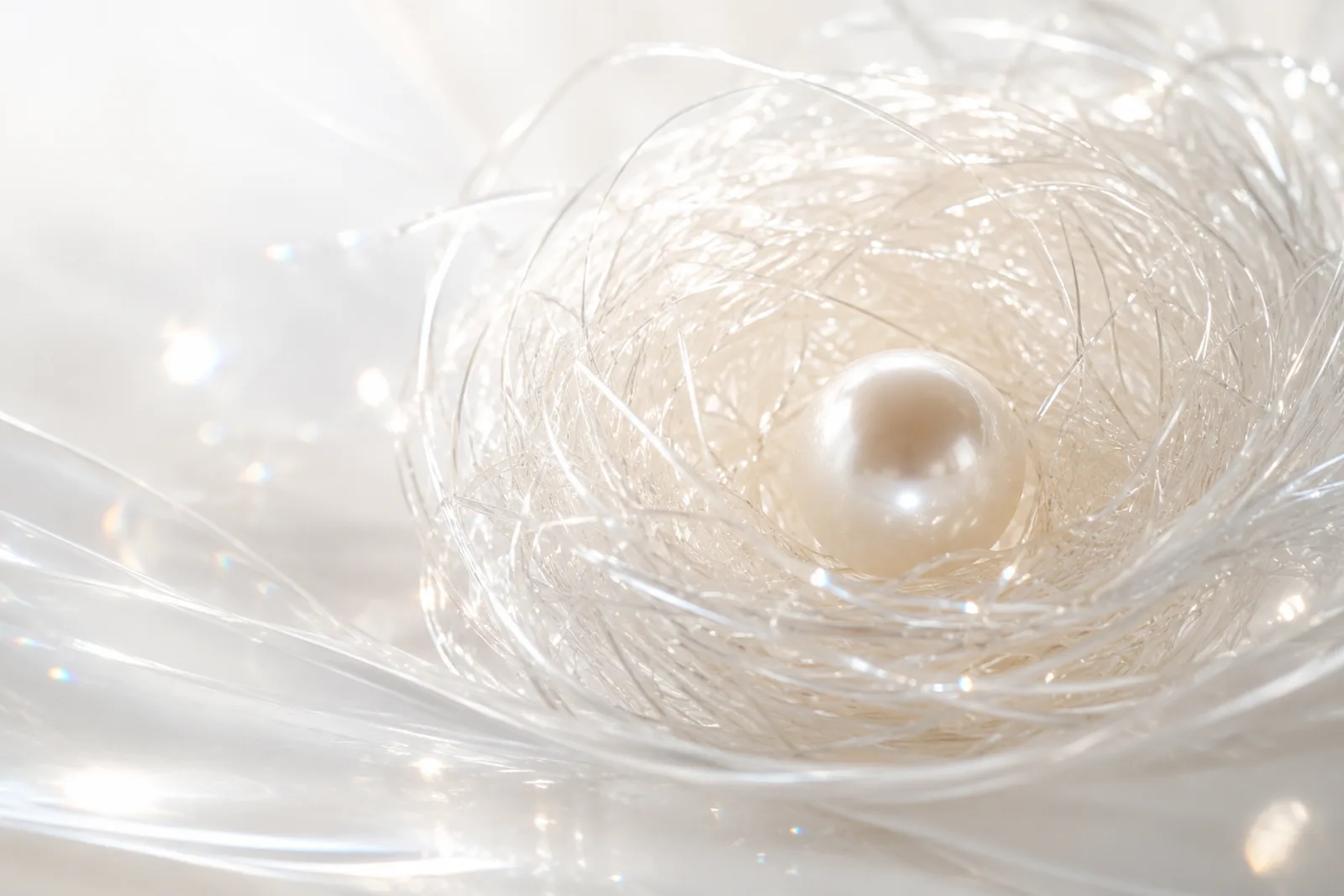 A luminous pearl protected inside a delicate nest of sparkling translucent white fibres.