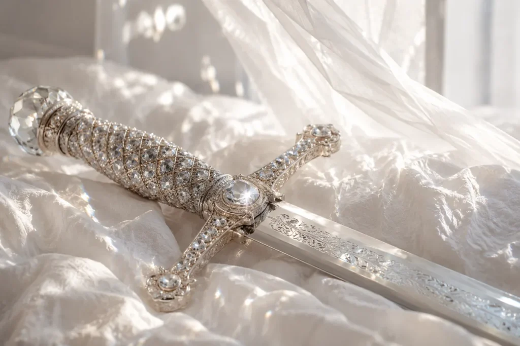 Ornate silver sword with a crystal-encrusted handle resting on rumpled white linen in soft sunlight.