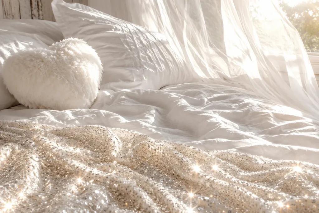 Sunlit unmade white bed with a fluffy heart-shaped cushion, a sparkling throw and sheer curtains blowing beside the window.