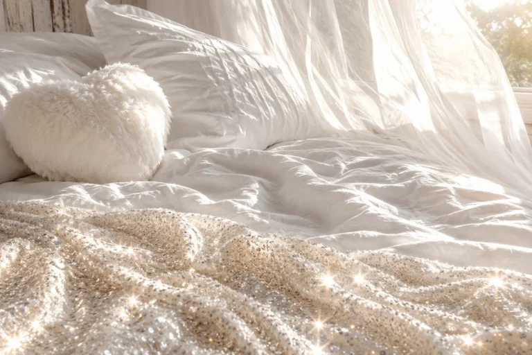 Sunlit unmade white bed with a fluffy heart-shaped cushion, a sparkling throw and sheer curtains blowing beside the window.