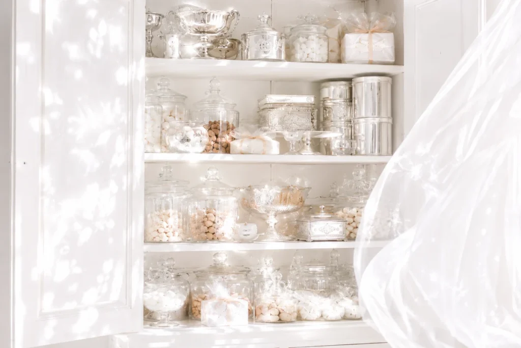 An open white vintage cupboard filled with crystal jars and silver tins, lit by dappled sunlight beside a billowing sheer curtain.