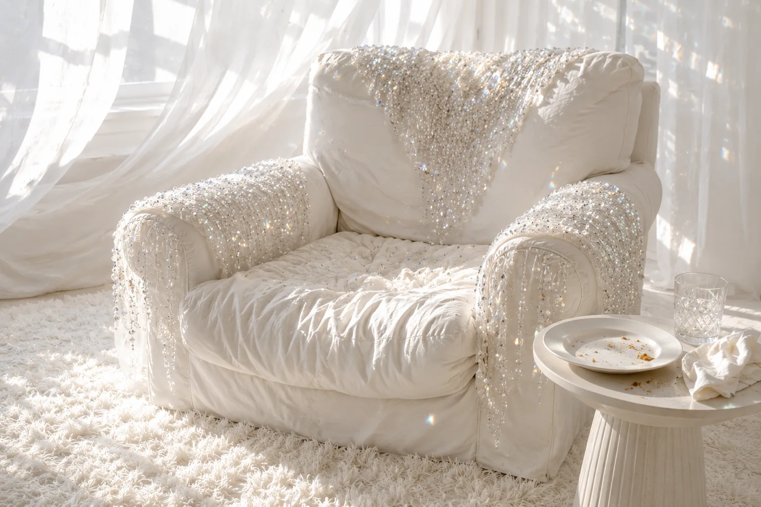 A worn white armchair with crystal-encrusted throws beside an empty plate with crumbs, in a bright room with sheer curtains.