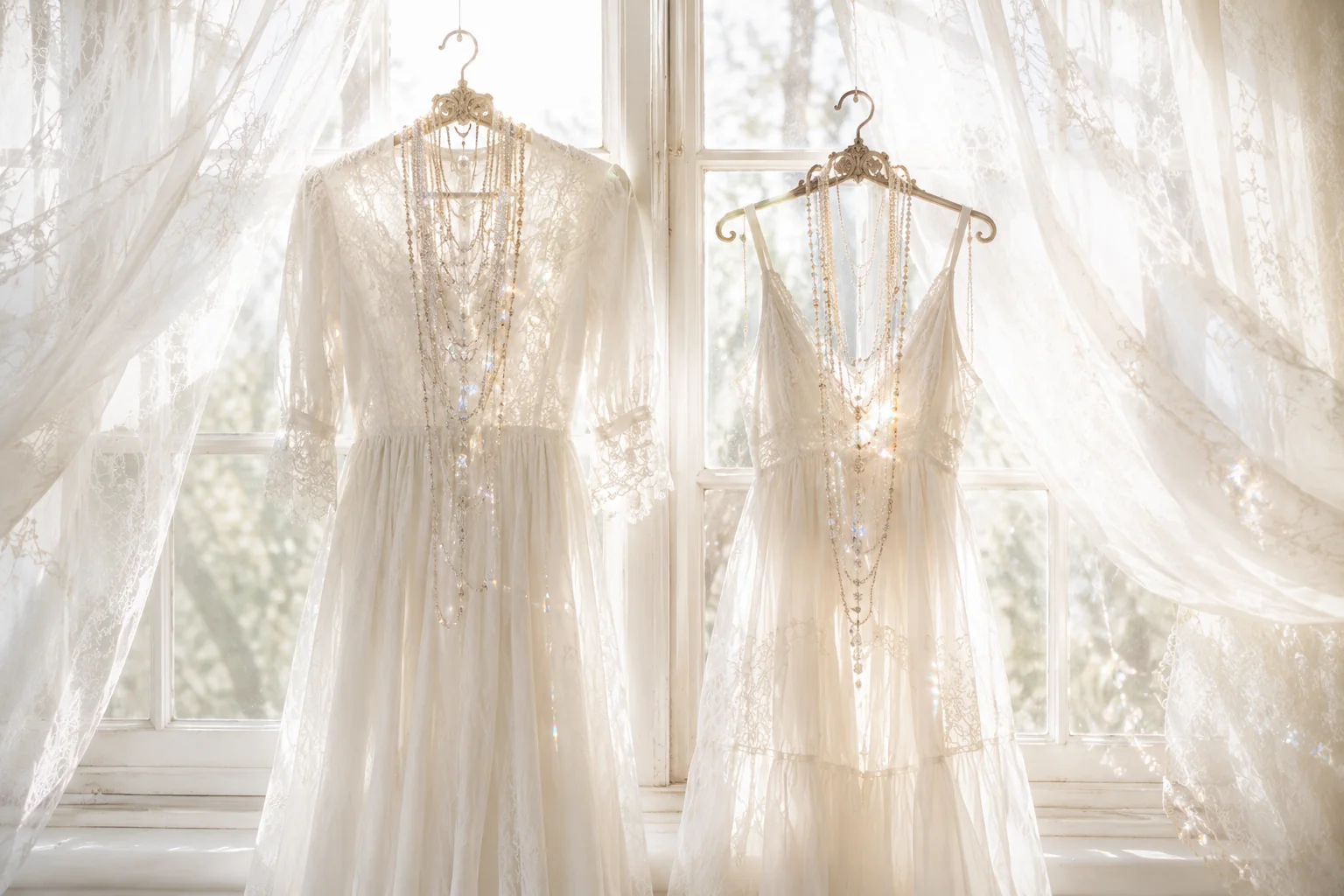 Two airy white vintage dresses hanging in a sunlit window, draped with sparkling crystal beads and pearls beside flowing lace curtains.