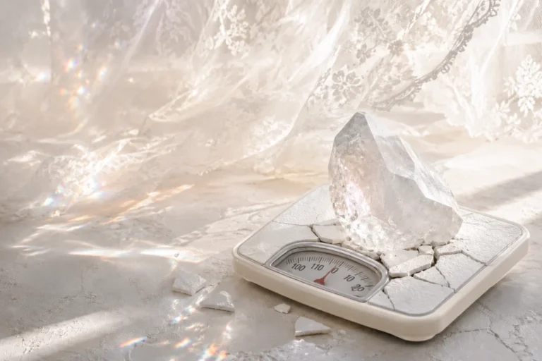 A large clear crystal smashing through a vintage white bathroom scale on a pale cement floor, with sunlight and lace curtains behind it.