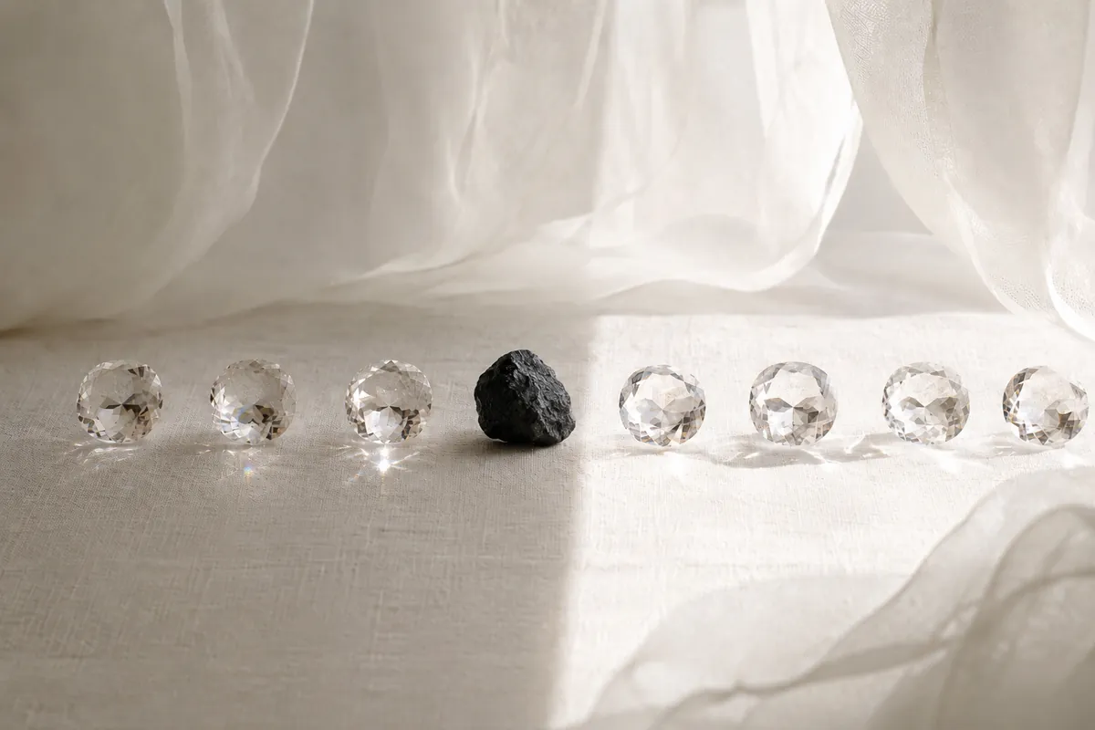 Row of clear cut crystals with one rough black stone on white linen in soft sunlight.