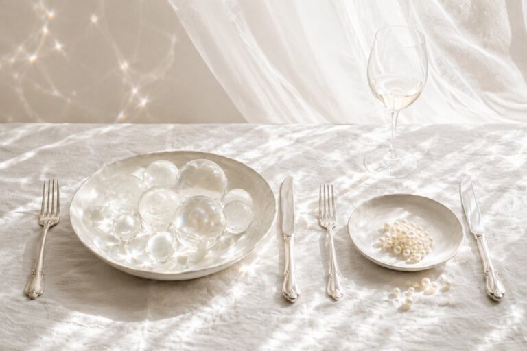 Two handmade white plates set beside each other, one piled with clear crystal spheres and the smaller one holding pearls, on a sunlit white linen table.
