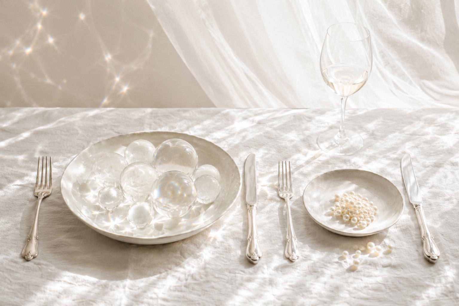 Two handmade white plates set beside each other, one piled with clear crystal spheres and the smaller one holding pearls, on a sunlit white linen table.