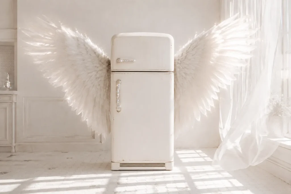 A worn white vintage fridge with sparkling angel wings in a sunlit white kitchen