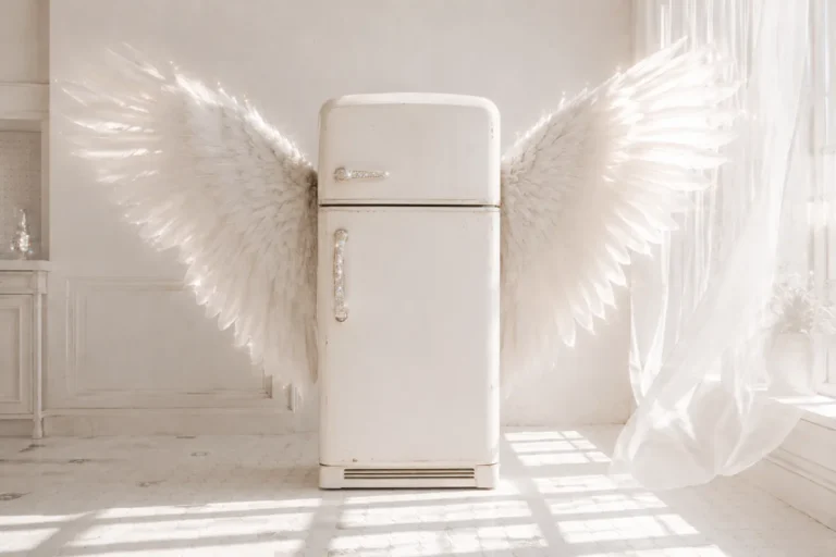 A worn white vintage fridge with sparkling angel wings in a sunlit white kitchen