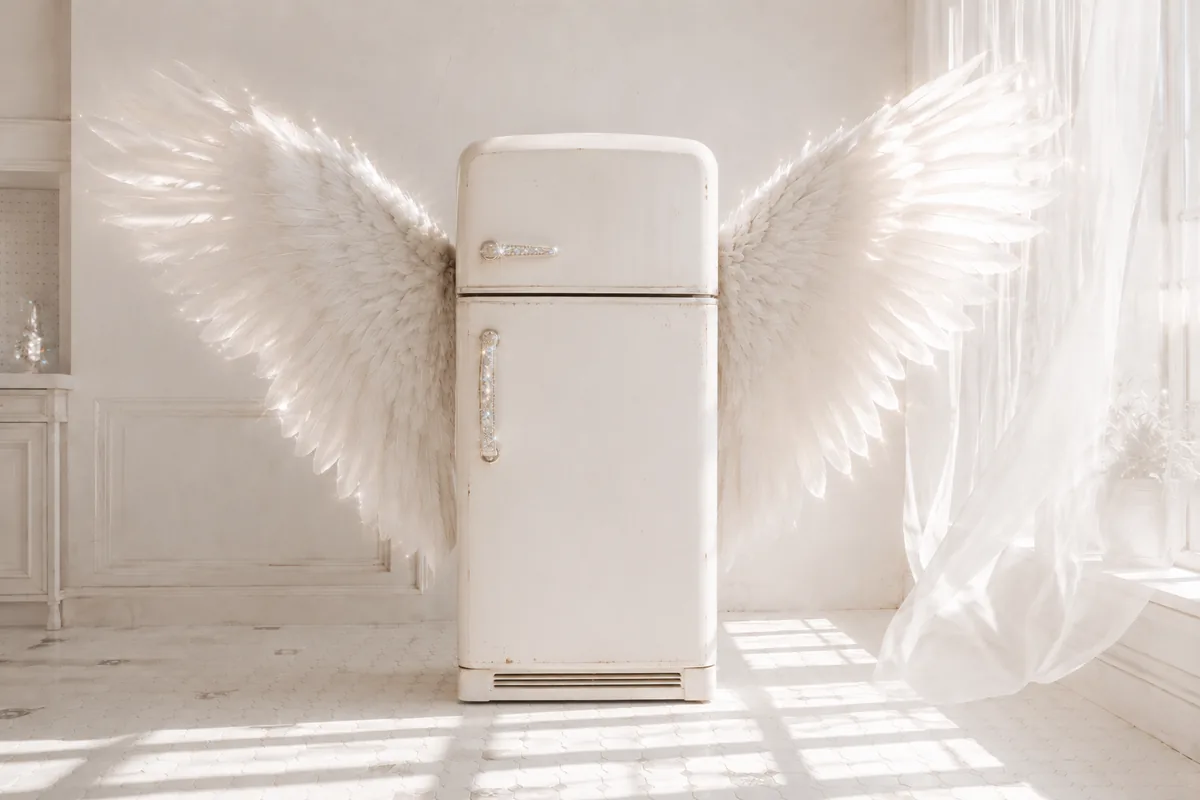 A worn white vintage fridge with sparkling angel wings in a sunlit white kitchen