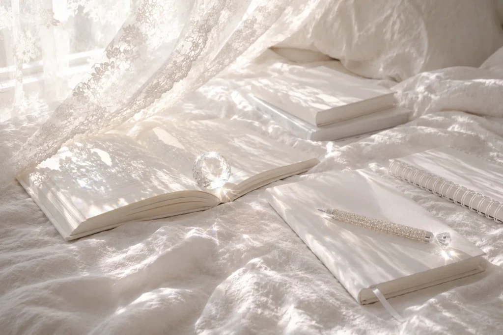 Sunlit unmade white linen bed with scattered books, a crystal paperweight holding an open book and a sparkling pen beside a blowing lace curtain.
