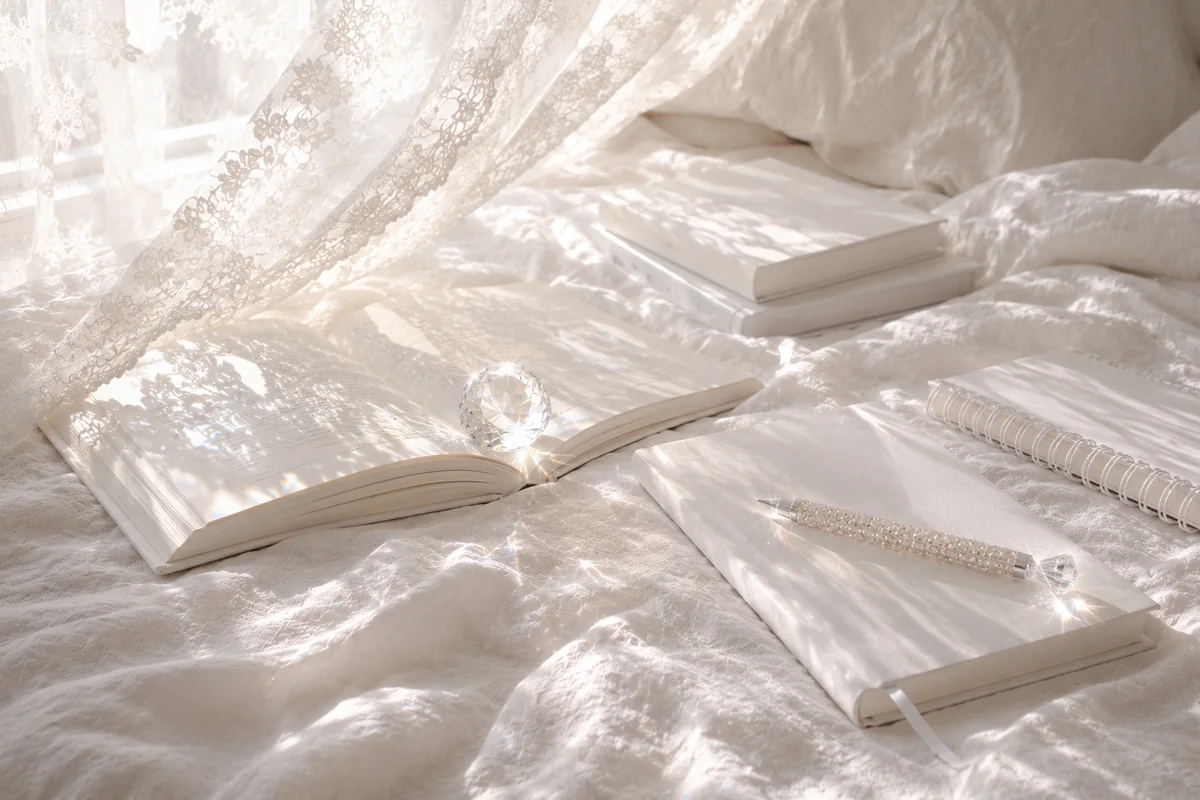 Sunlit unmade white linen bed with scattered books, a crystal paperweight holding an open book and a sparkling pen beside a blowing lace curtain.