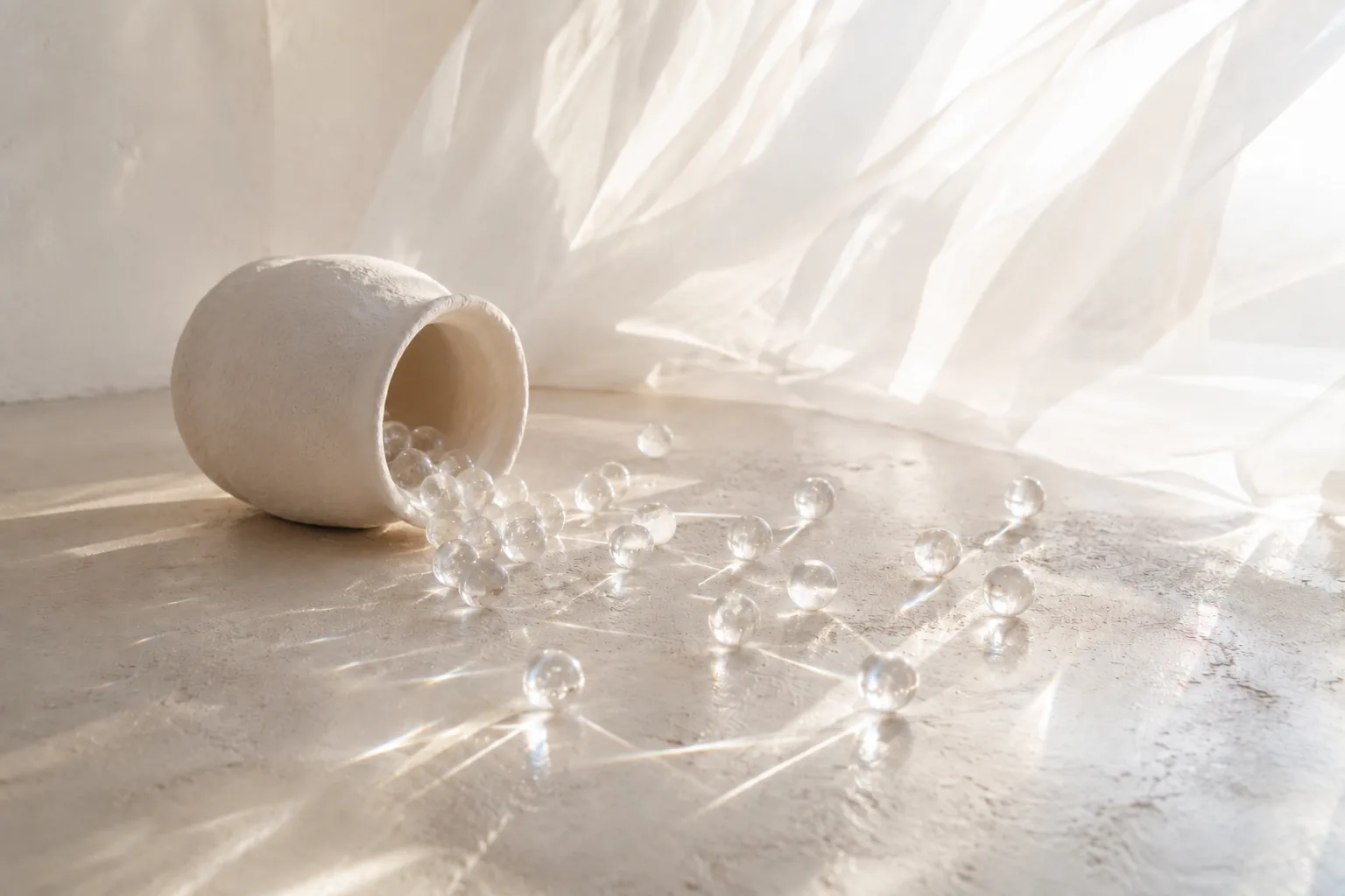 Clear glass marbles spilling from a tipped white clay jar onto a sunlit concrete floor, with a billowing white curtain behind.