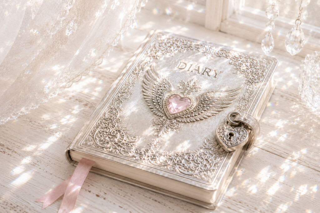 Ornate silver diary with a pink winged heart and heart-shaped lock, lying on a whitewashed desk in bright dappled sunlight.