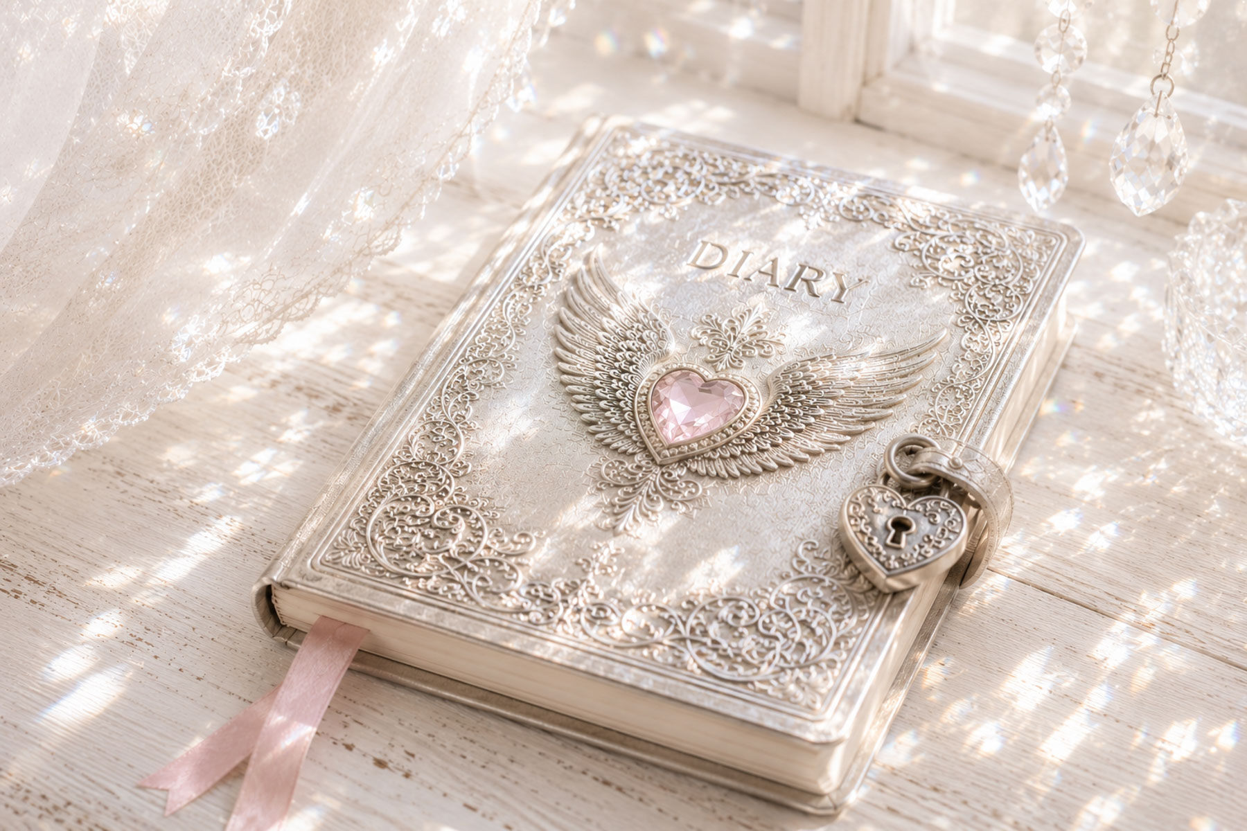 Ornate silver diary with a pink winged heart and heart-shaped lock, lying on a whitewashed desk in bright dappled sunlight.