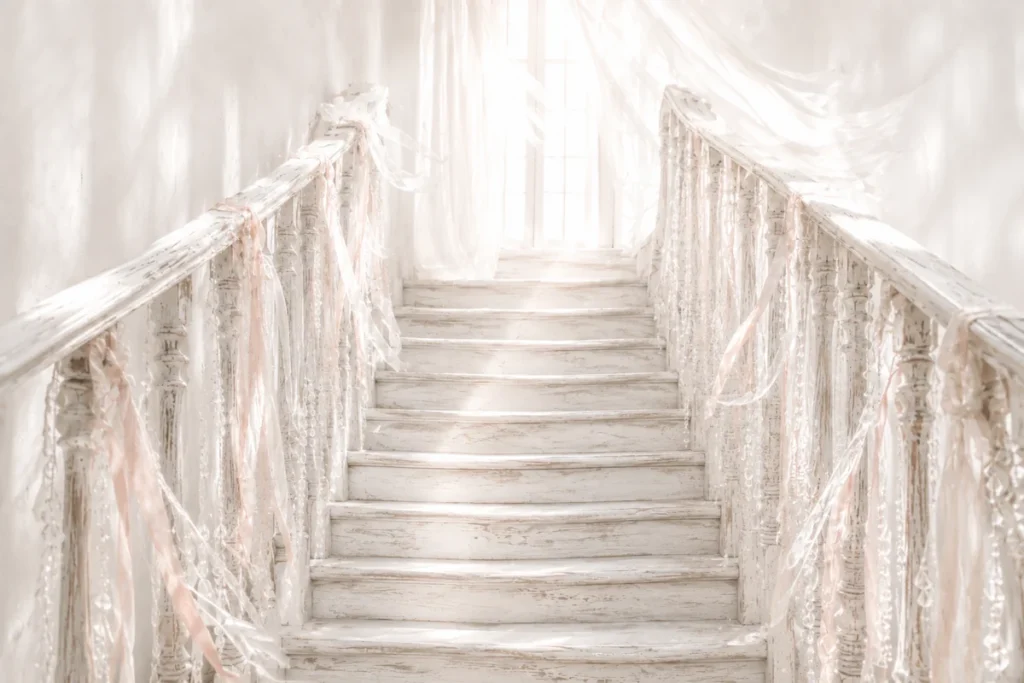 Old whitewashed wooden staircase with blush-pink ribbons and crystal strands leading towards a bright, hazy window.