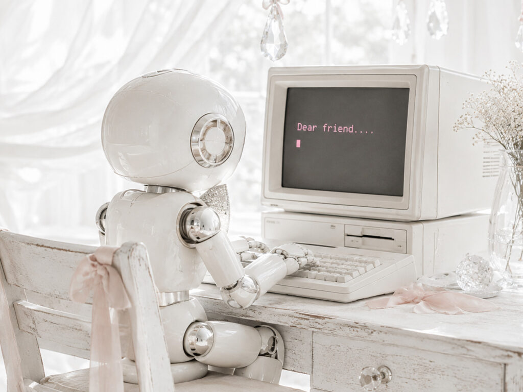 Small white robot seen from behind typing “Dear friend….” on a retro computer at a whitewashed desk beside sheer curtains and hanging crystals.