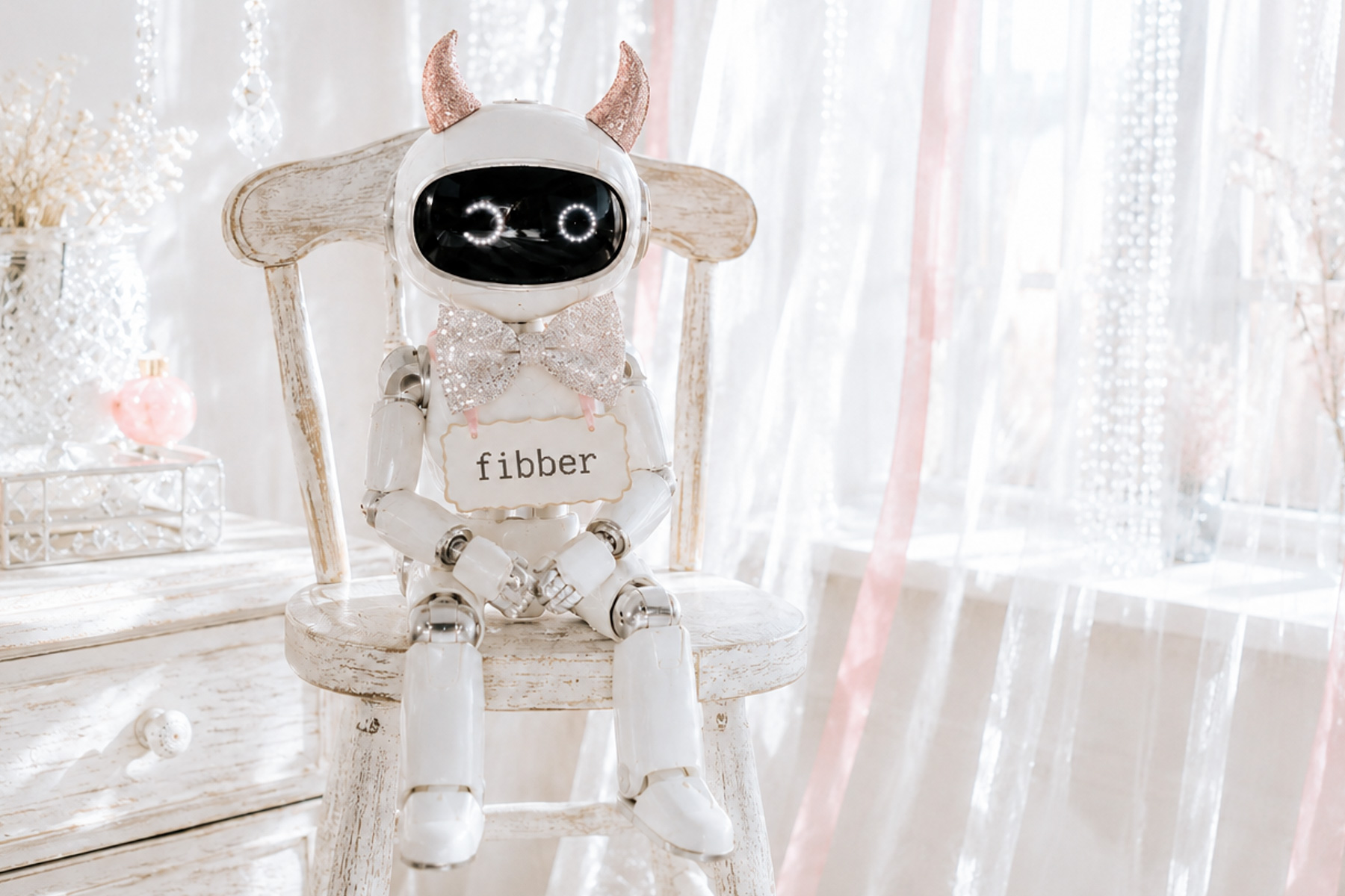 Small white robot with glittery pink devil horns sitting on a distressed white chair, wearing a sign that says “fibber” in a bright white room with sheer curtains and crystal strands.