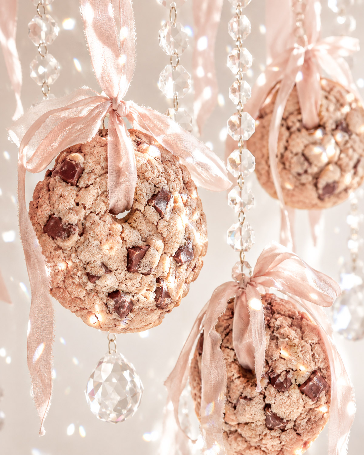 Chocolate chip cookies hanging from pale blush-pink satin ribbons beside strands of faceted crystals, lit by bright dappled light against a soft ivory background.
